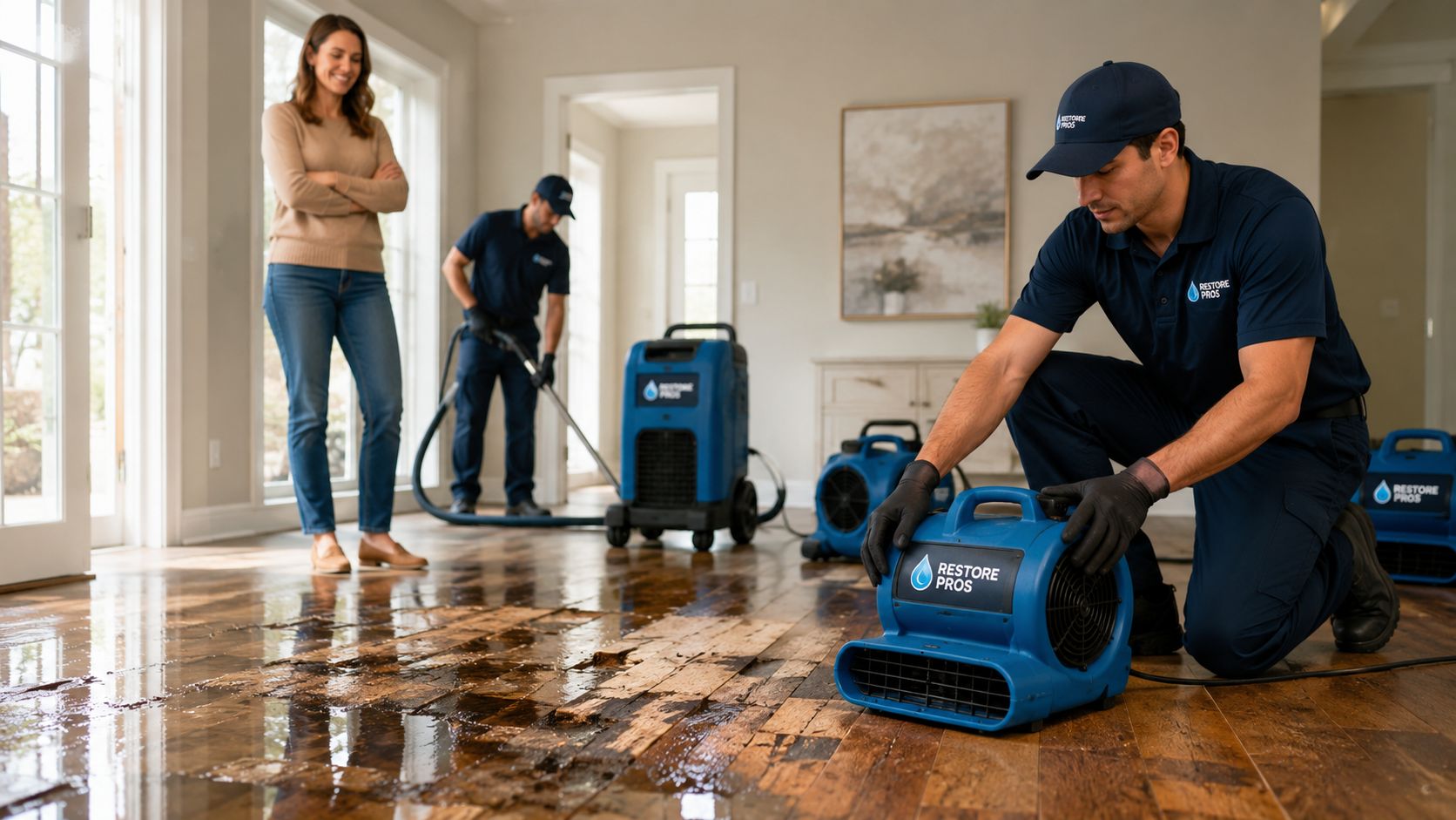 Professional restoration crew using industrial drying equipment to repair water damage on a hardwood floor.