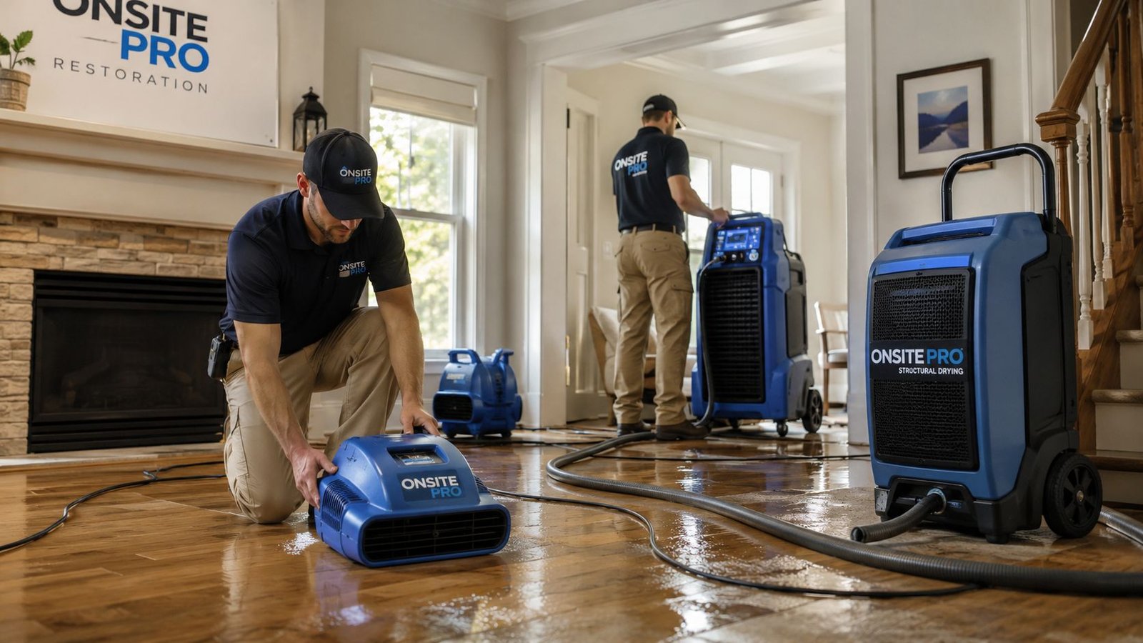 Two professional restoration technicians using industrial dehumidifiers and air movers to dry a water-damaged hardwood floor.