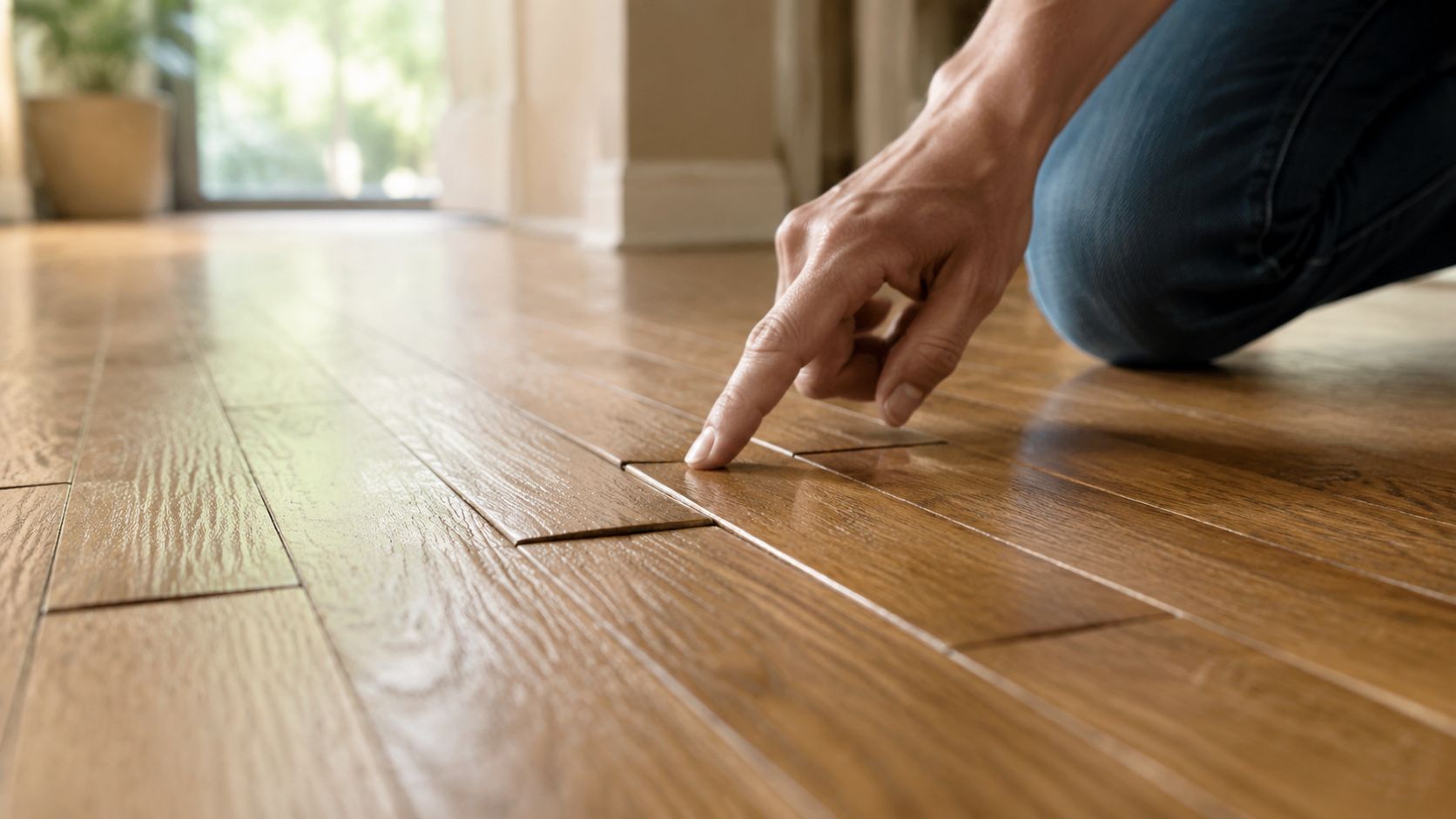 A person kneeling on a hardwood floor pointing at a section with noticeable water damage and warping.