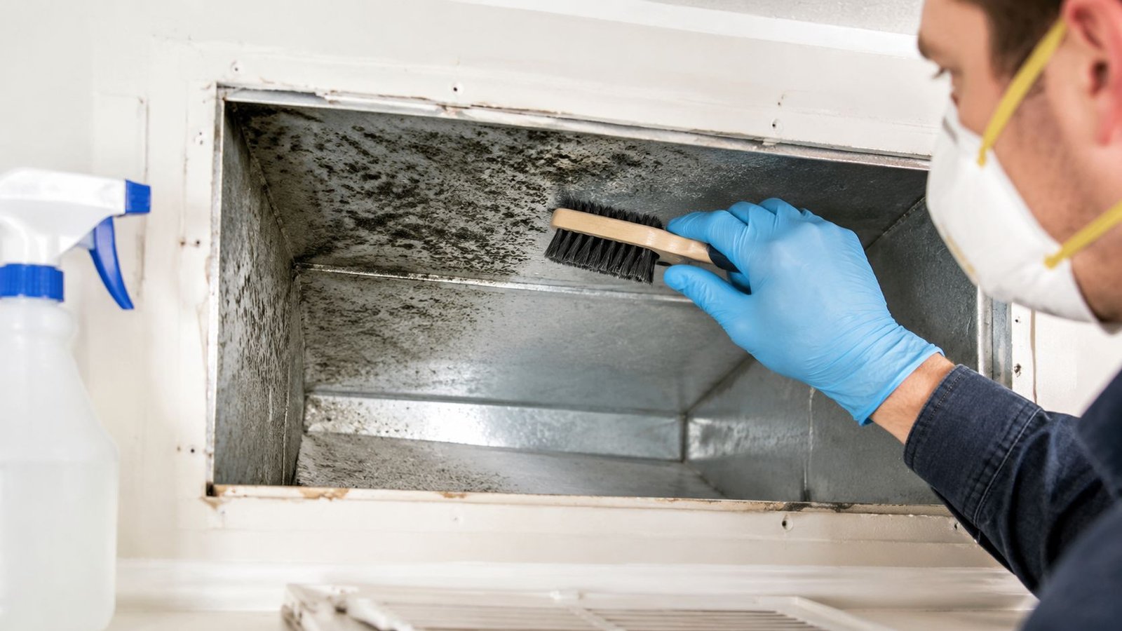 A professional in protective gear scrubbing mold buildup inside a metal residential air conditioning vent duct.