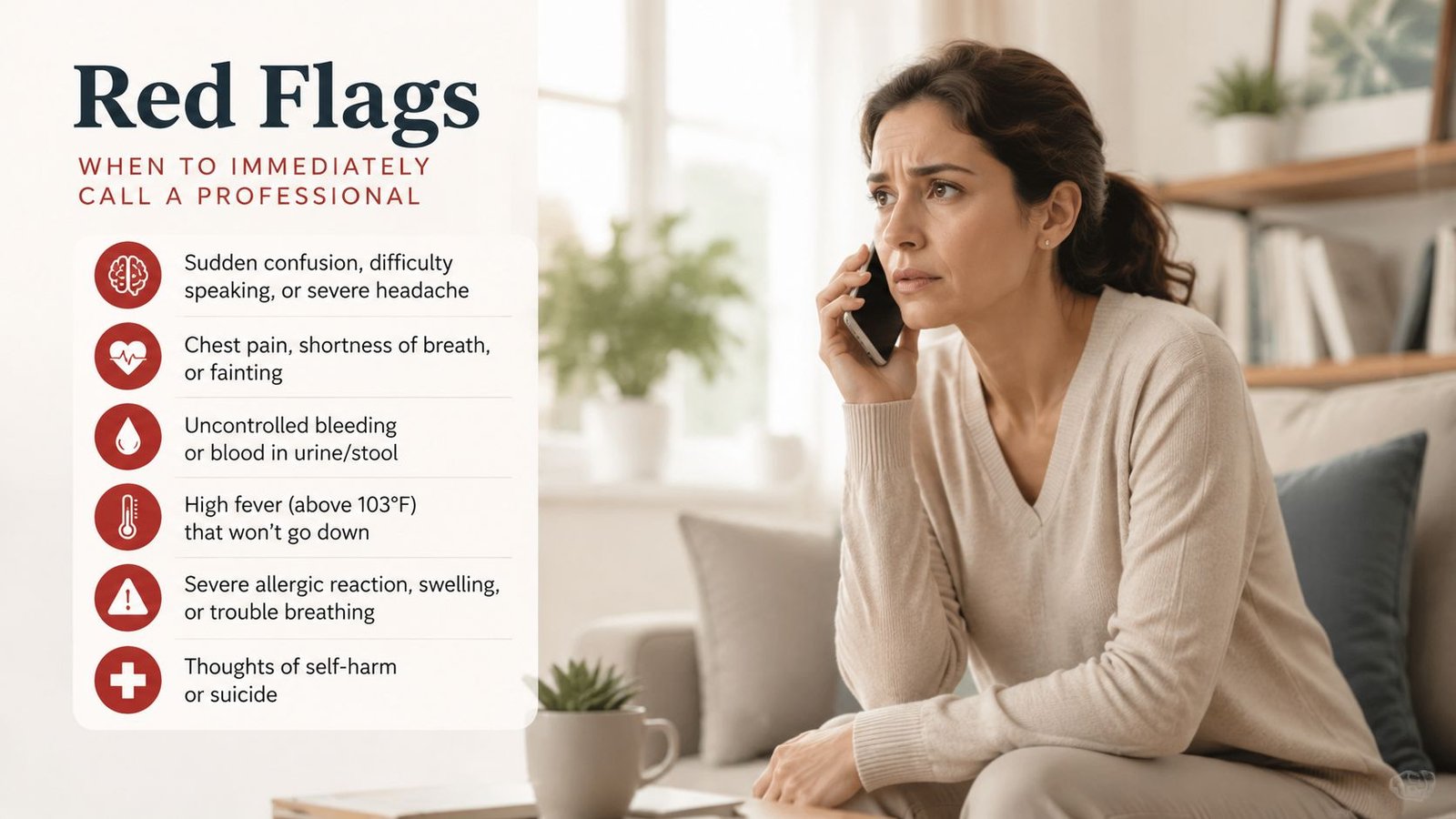 A concerned woman on a phone call reviewing a list of medical red flags for immediate professional help.