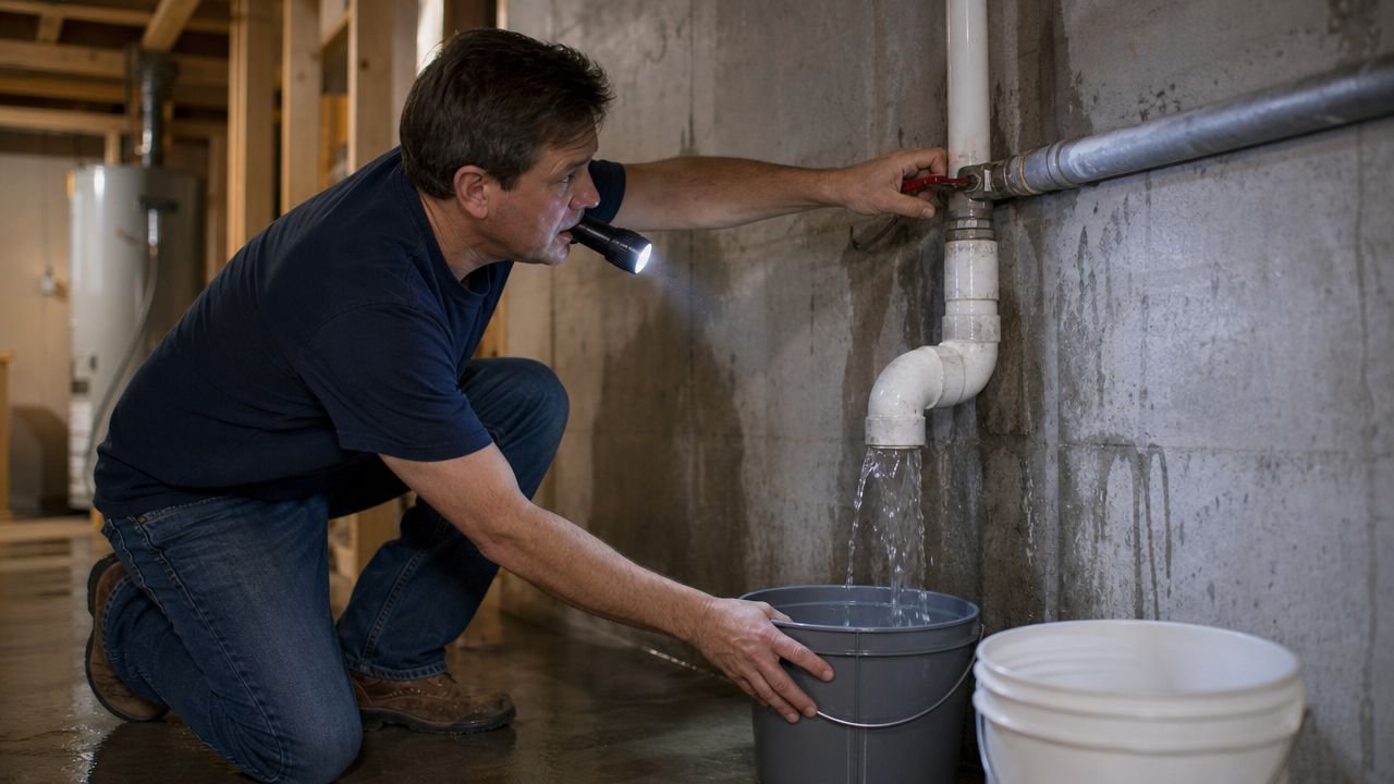 A repairman kneels and inspects a leaking water pipe in a basement using a handheld flashlight.