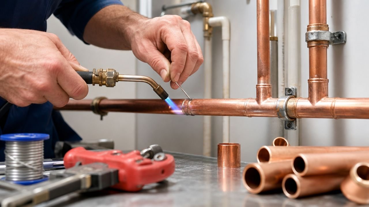 A professional plumber soldering copper pipes using a blowtorch and solder wire in a residential setting.