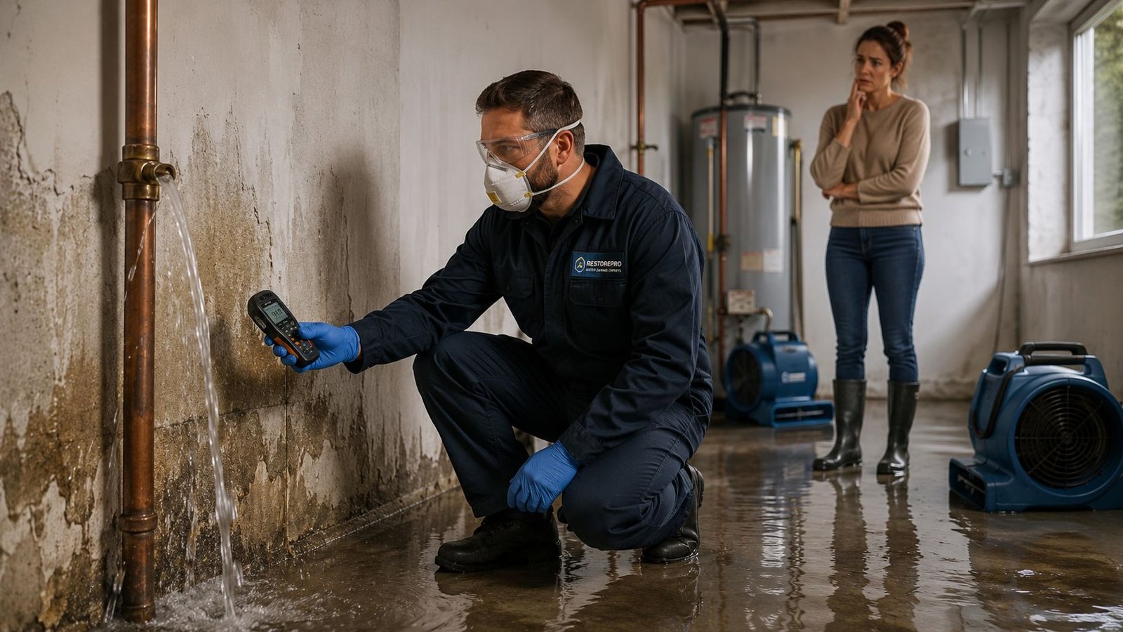 A professional technician using a moisture meter on a wet wall next to a leaking pipe in a basement.