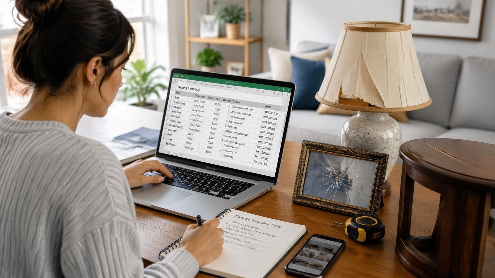 A woman working on a damage inventory spreadsheet on her laptop while reviewing notes at her desk.