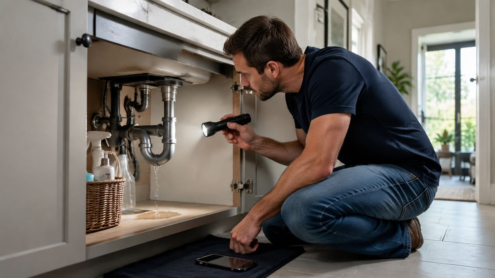 A man inspecting a leaking kitchen sink pipe with a flashlight to document water damage for insurance.