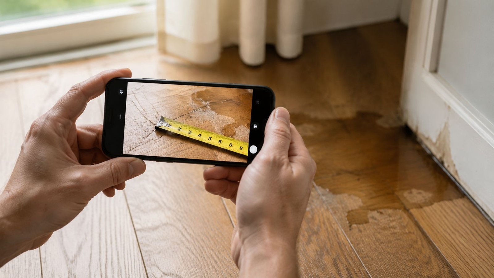 A person using a smartphone to document water damage on hardwood flooring with a measuring tape.