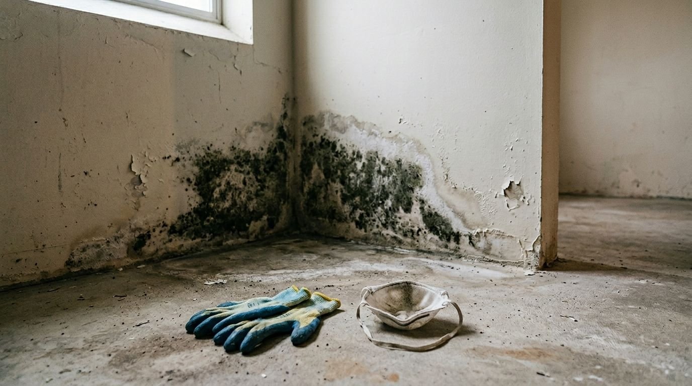 A pair of work gloves and a dust mask on a floor in front of moldy walls.