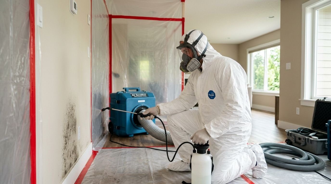 A professional in protective gear remediates mold on an indoor wall using a spray tool and filtration.