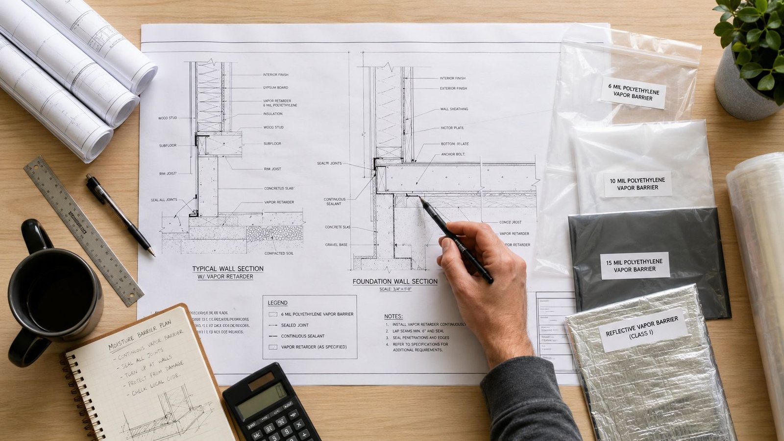 Architect drafting foundation plans with building materials samples and vapor barrier labels on a wooden table.