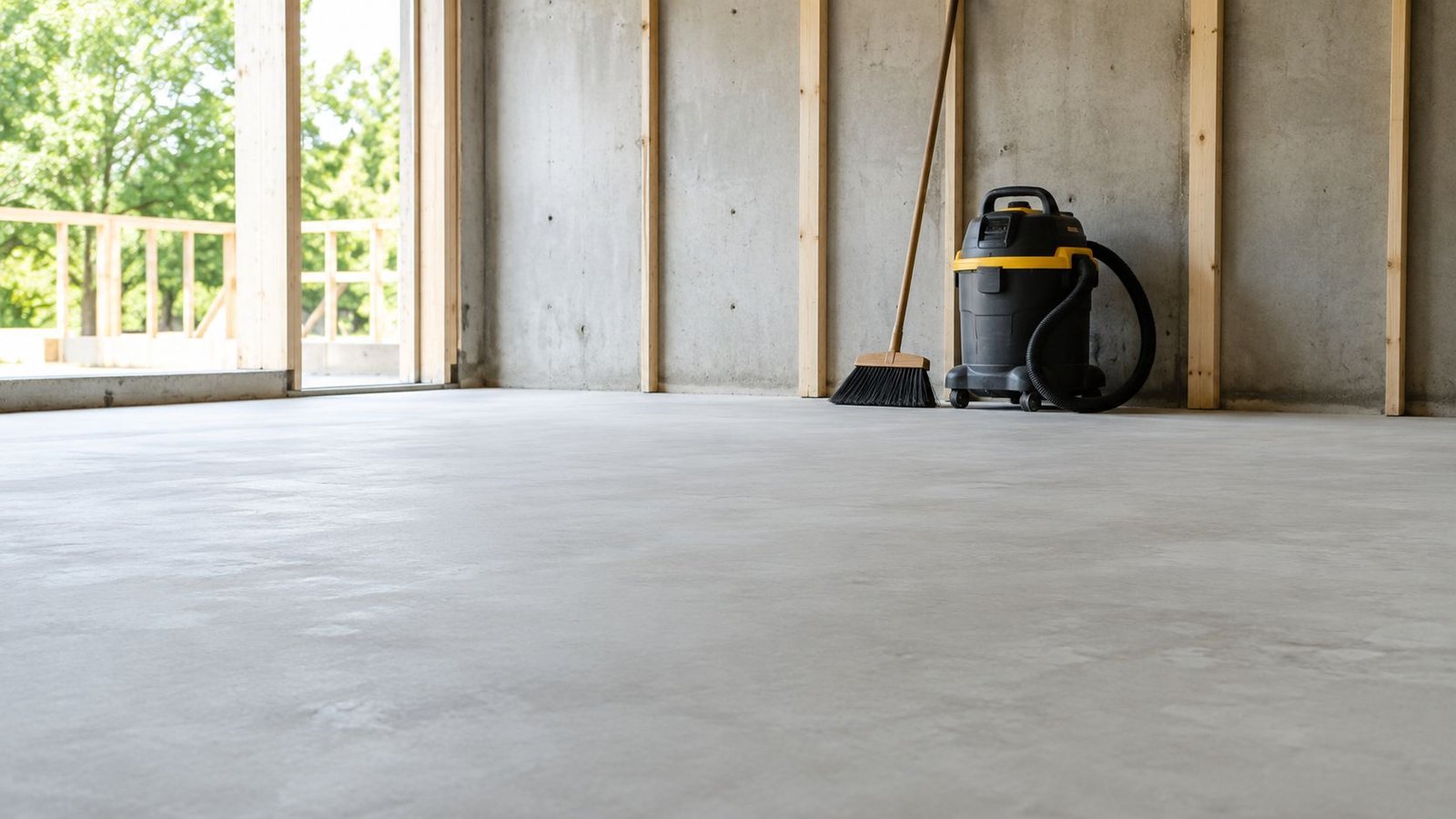 A construction site room with a concrete floor, a shop vacuum, and a broom against wall studs.
