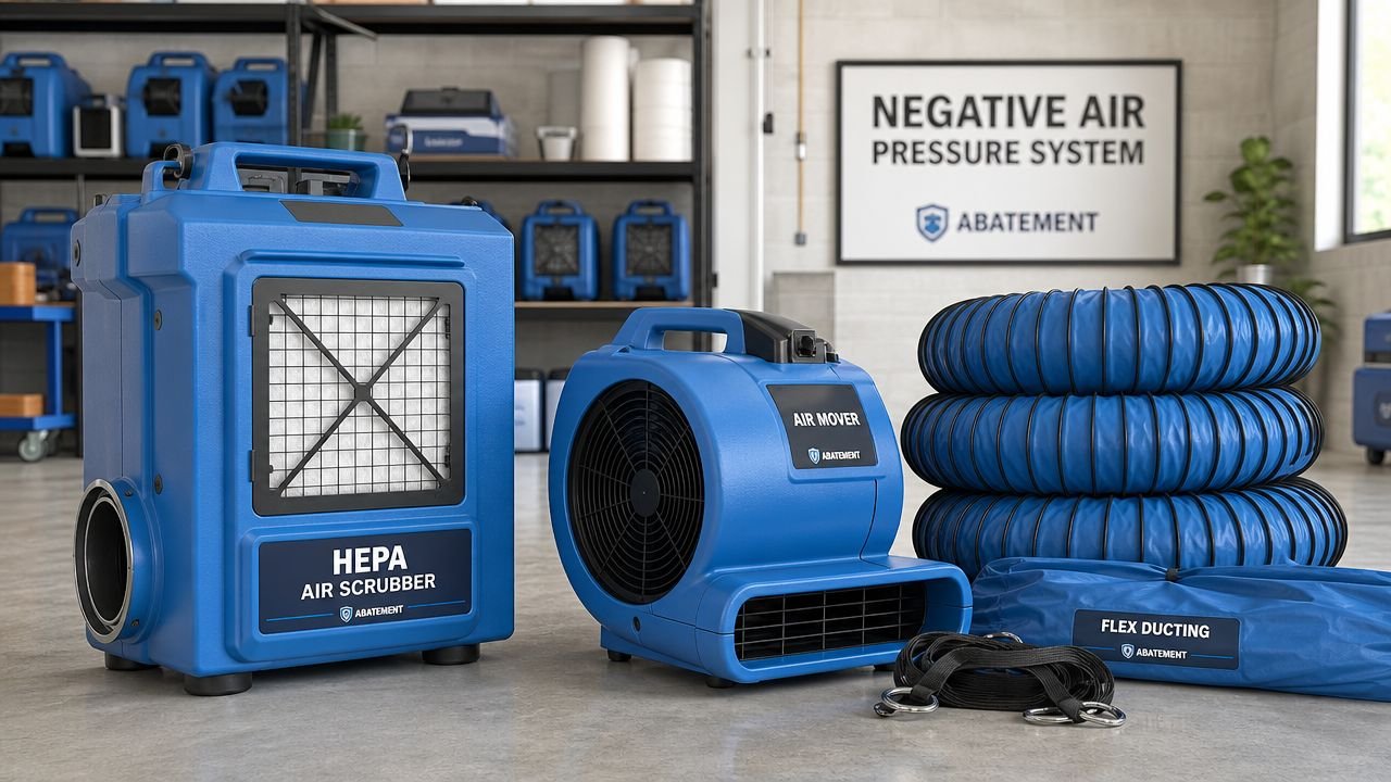 A professional blue HEPA air scrubber, air mover, and flex ducting for negative air pressure systems.
