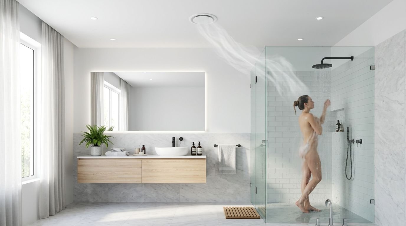 A minimalist modern bathroom featuring a negative air pressure system venting steam from a glass shower enclosure.