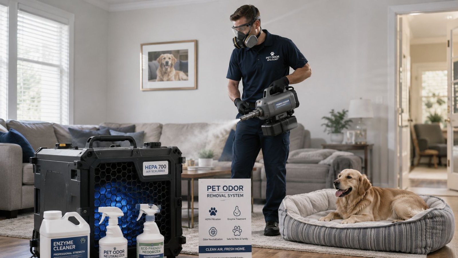 A professional technician using a machine to remove pet odors in a living room with a golden retriever.