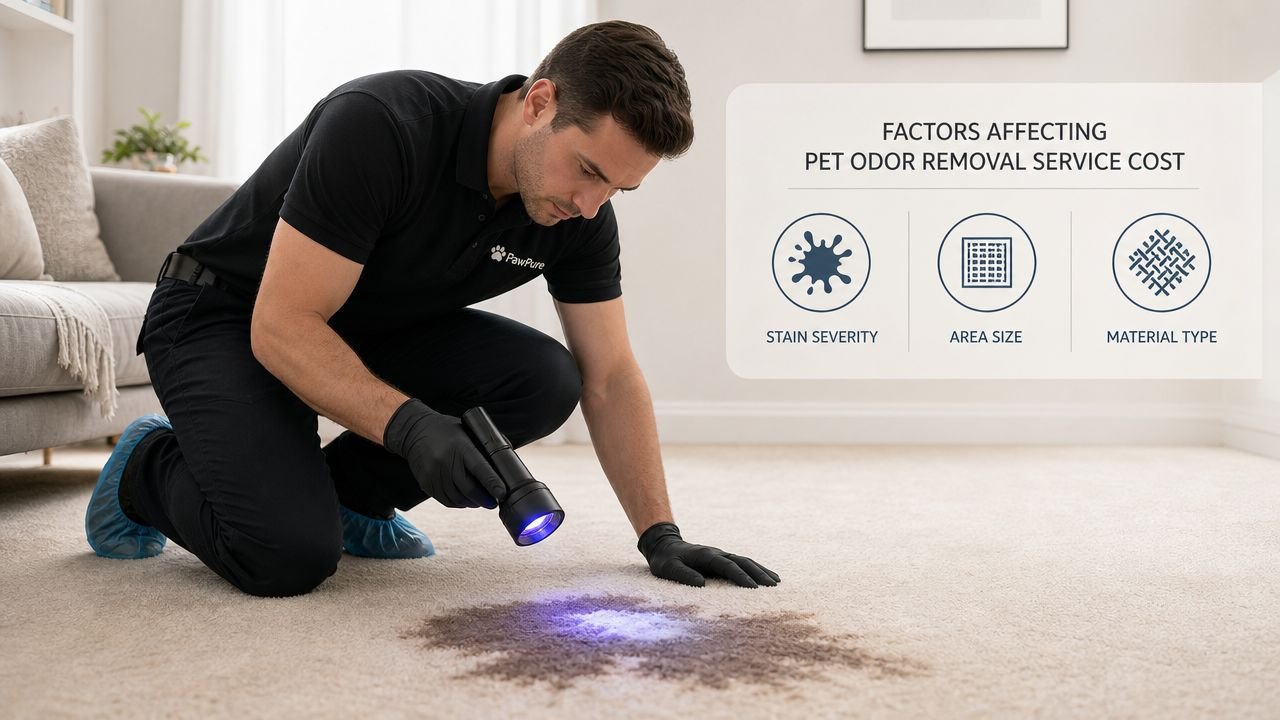 A professional technician using a UV flashlight to inspect pet urine stains on a carpeted floor.