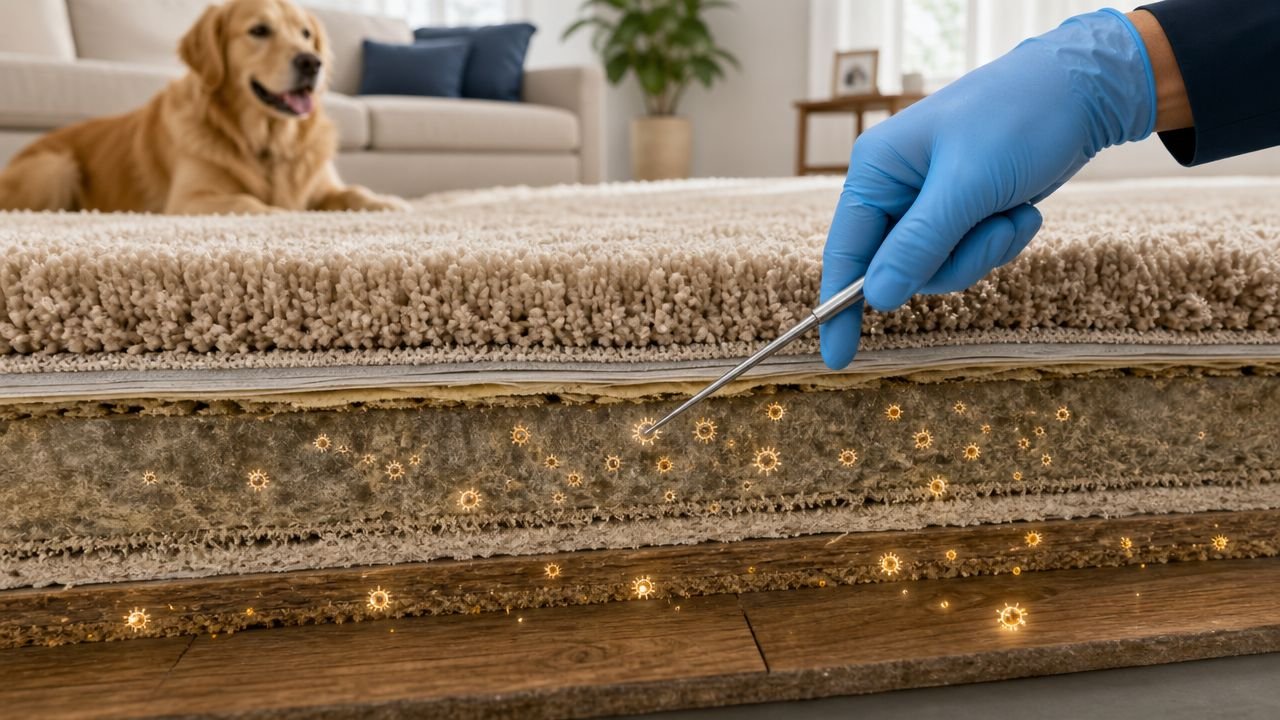 A gloved hand uses a tool to inspect bacteria and allergens hidden deep inside home carpet padding.