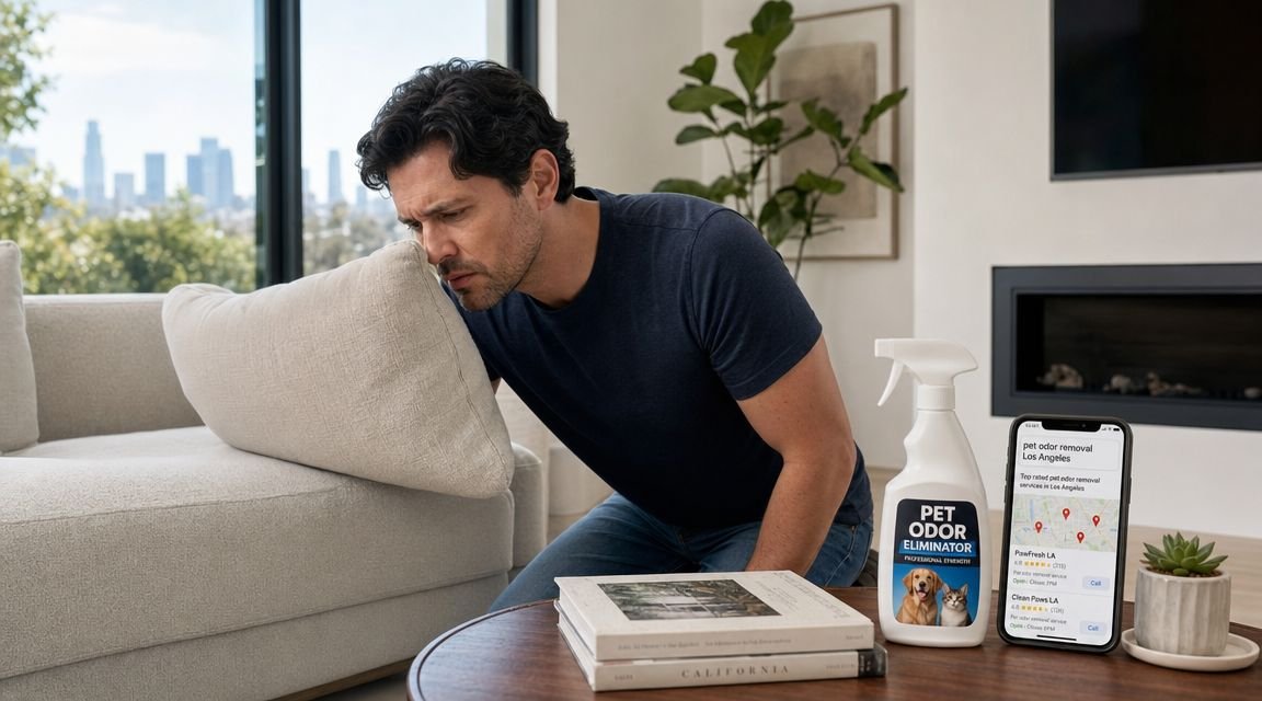 A man smelling a couch cushion while searching for pet odor removal services on his smartphone.