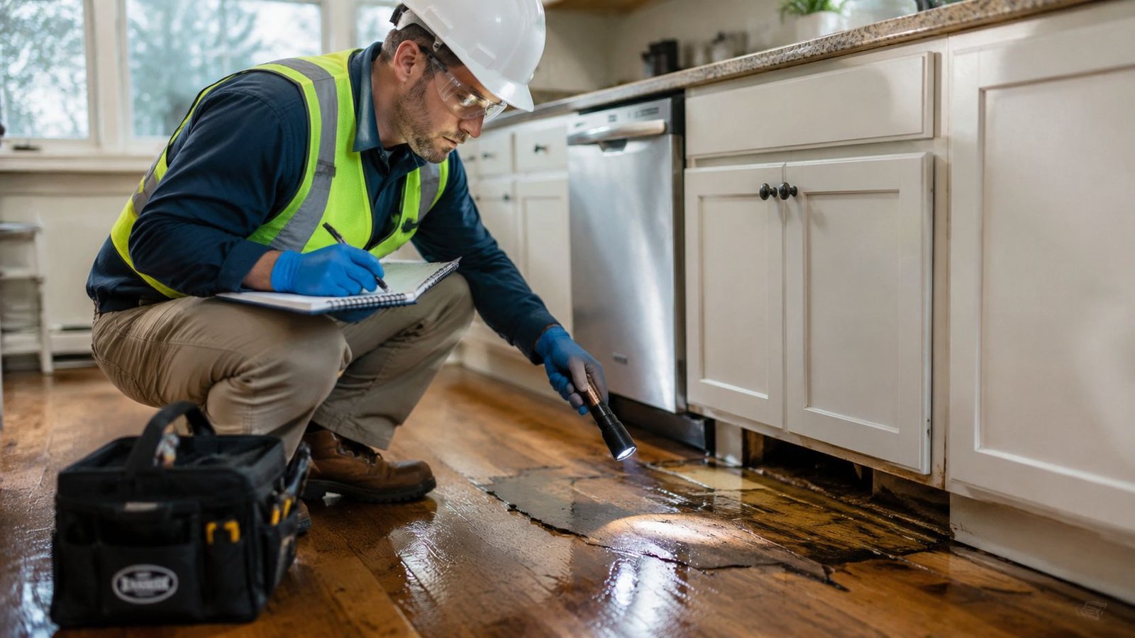 A professional inspector in a safety vest examines water damage on a wooden kitchen floor with a flashlight.