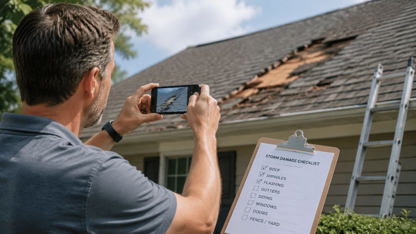A professional inspector takes a photo of roof storm damage with a smartphone while holding a checklist.