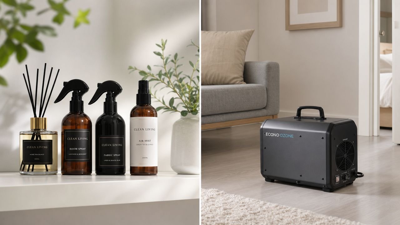 A product display featuring home fragrance sprays and an industrial ozone air purifier for odor removal.