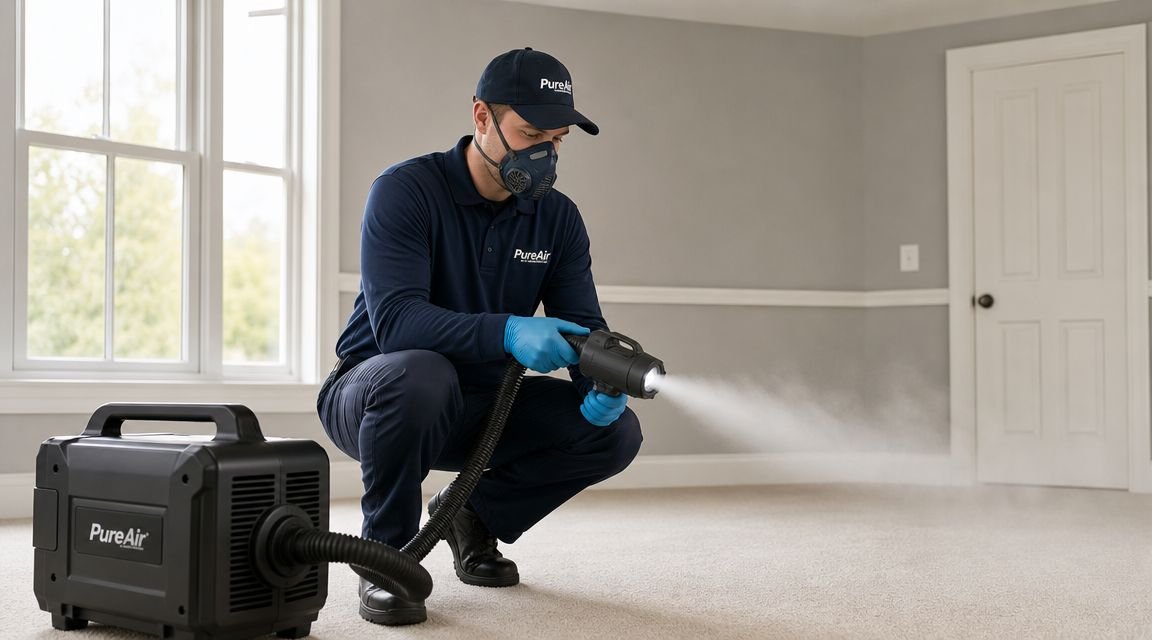 A professional technician wearing a mask uses a portable misting device to sanitize a carpeted room.