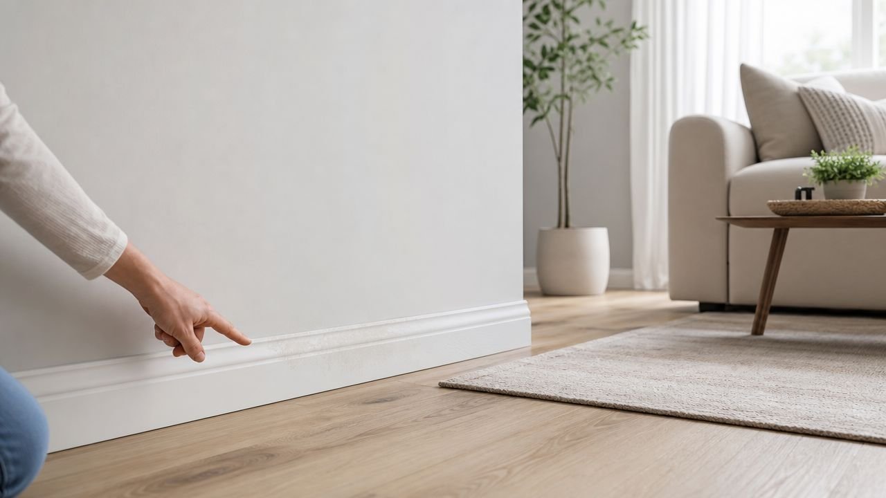 A person pointing to a water stain on the baseboard in a living room.