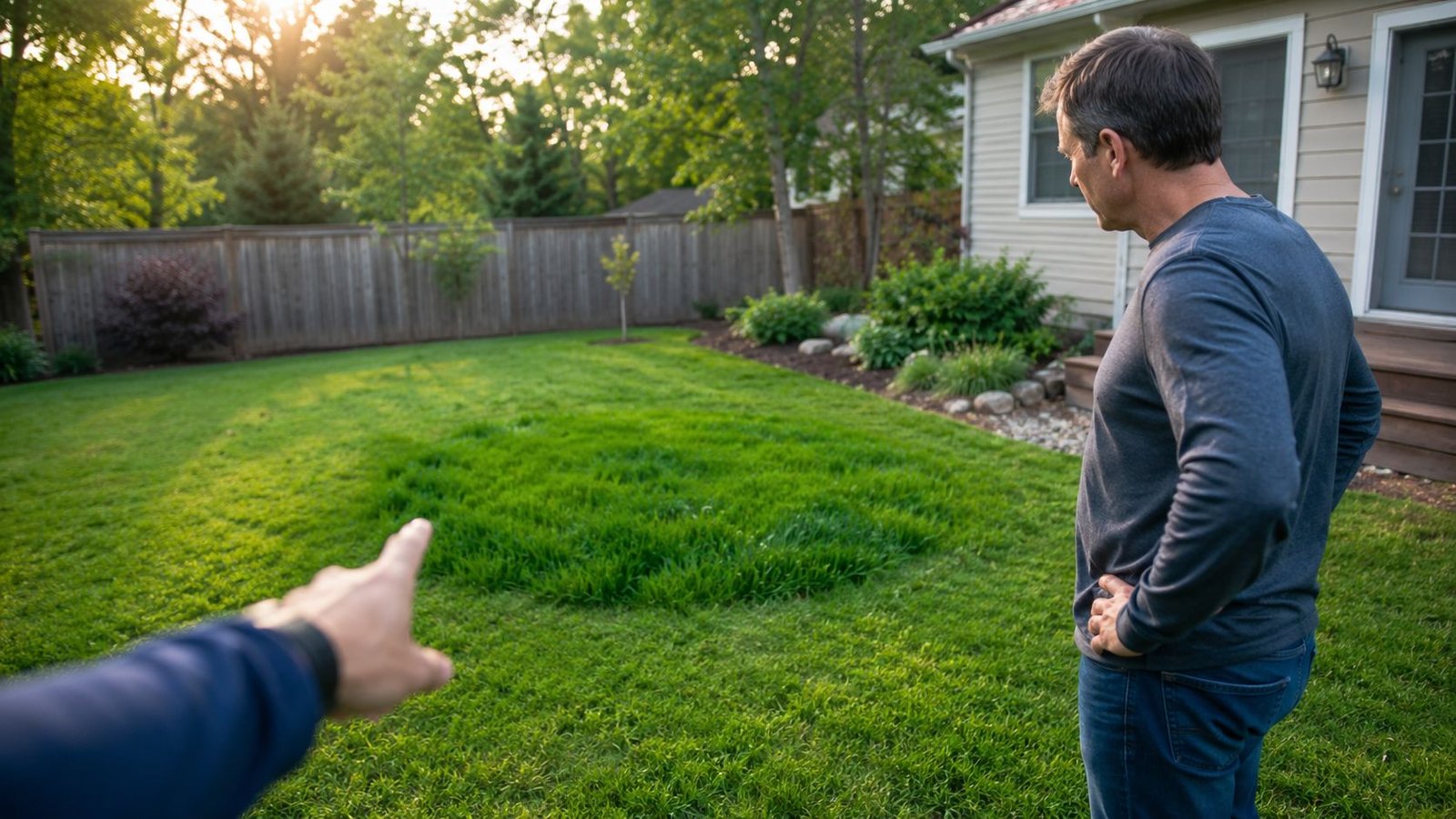 A man and another person observe a lush green patch in a backyard, likely indicating septic system issues.