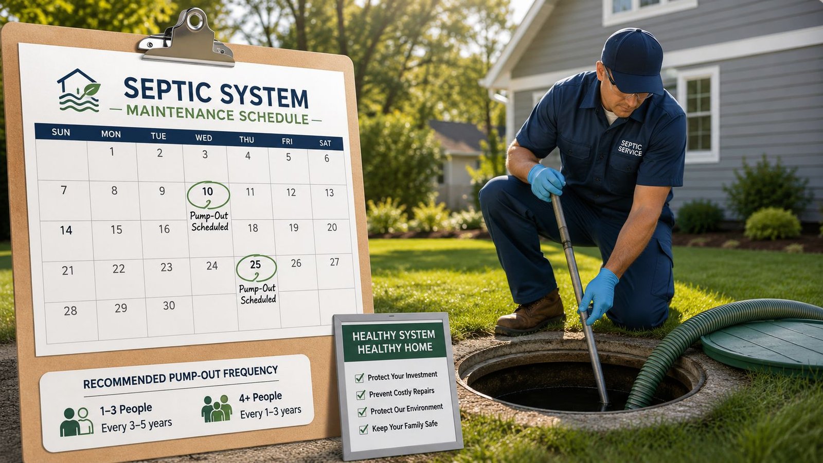 A professional septic technician services a backyard septic system tank while displaying a maintenance schedule clipboard.