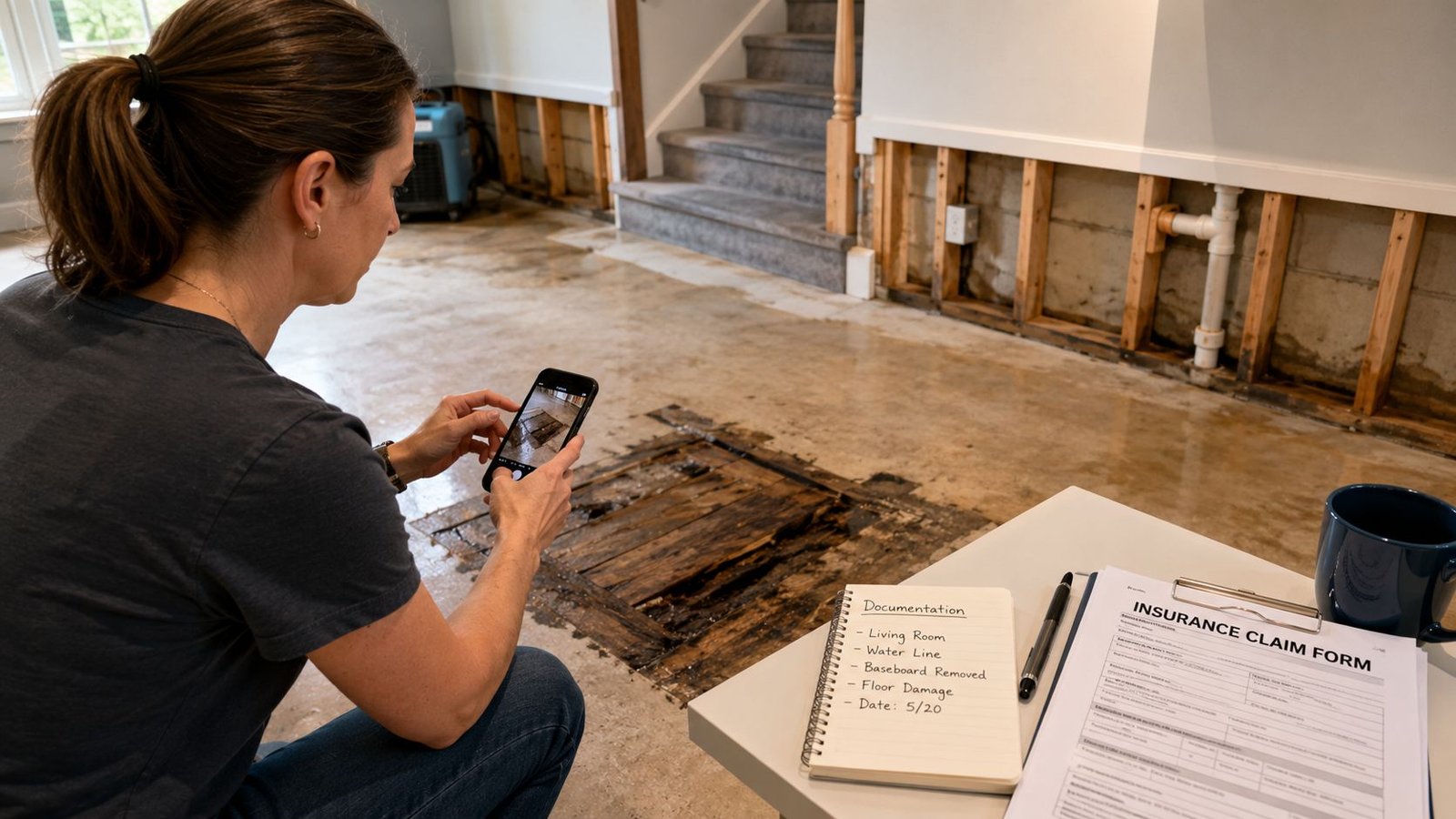 A woman documents water damage on a floor with her smartphone for an insurance claim in a room.