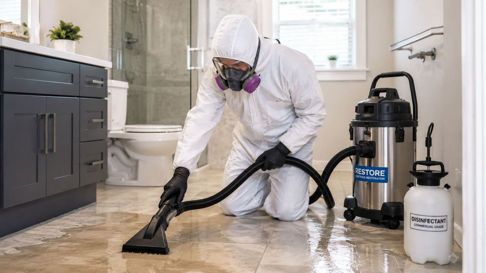 A professional restoration worker wearing protective gear using a vacuum to clean up water from a bathroom floor.