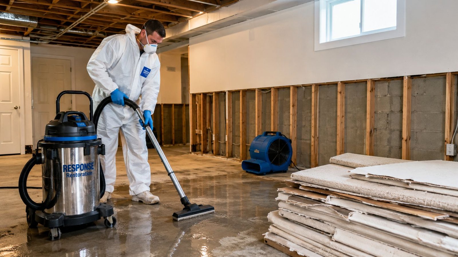 A professional in protective gear uses a wet vacuum to clean up flood water in a basement.