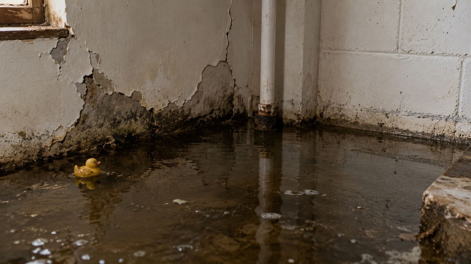 A yellow rubber duck floats in standing contaminated water inside a basement during a sewer backup.