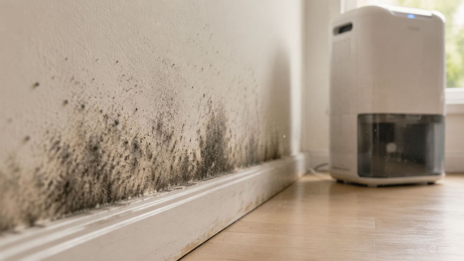 A dehumidifier sitting on a hardwood floor next to a wall with visible black mold damage.