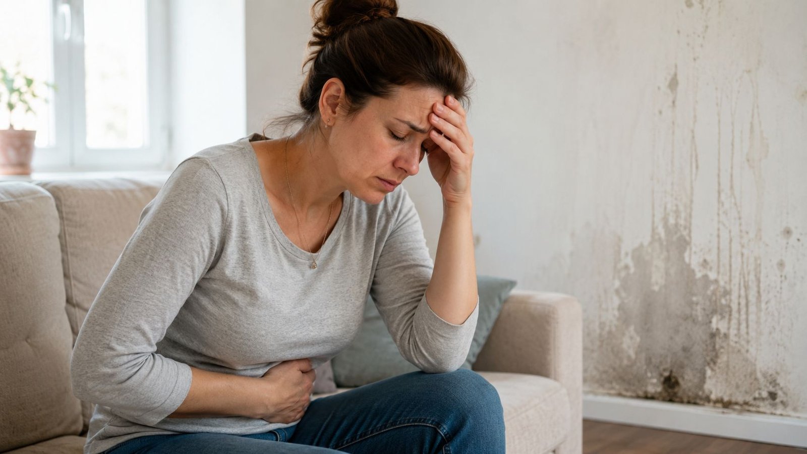 A woman sits on a sofa, looking distressed while holding her stomach and head in a room with mold.