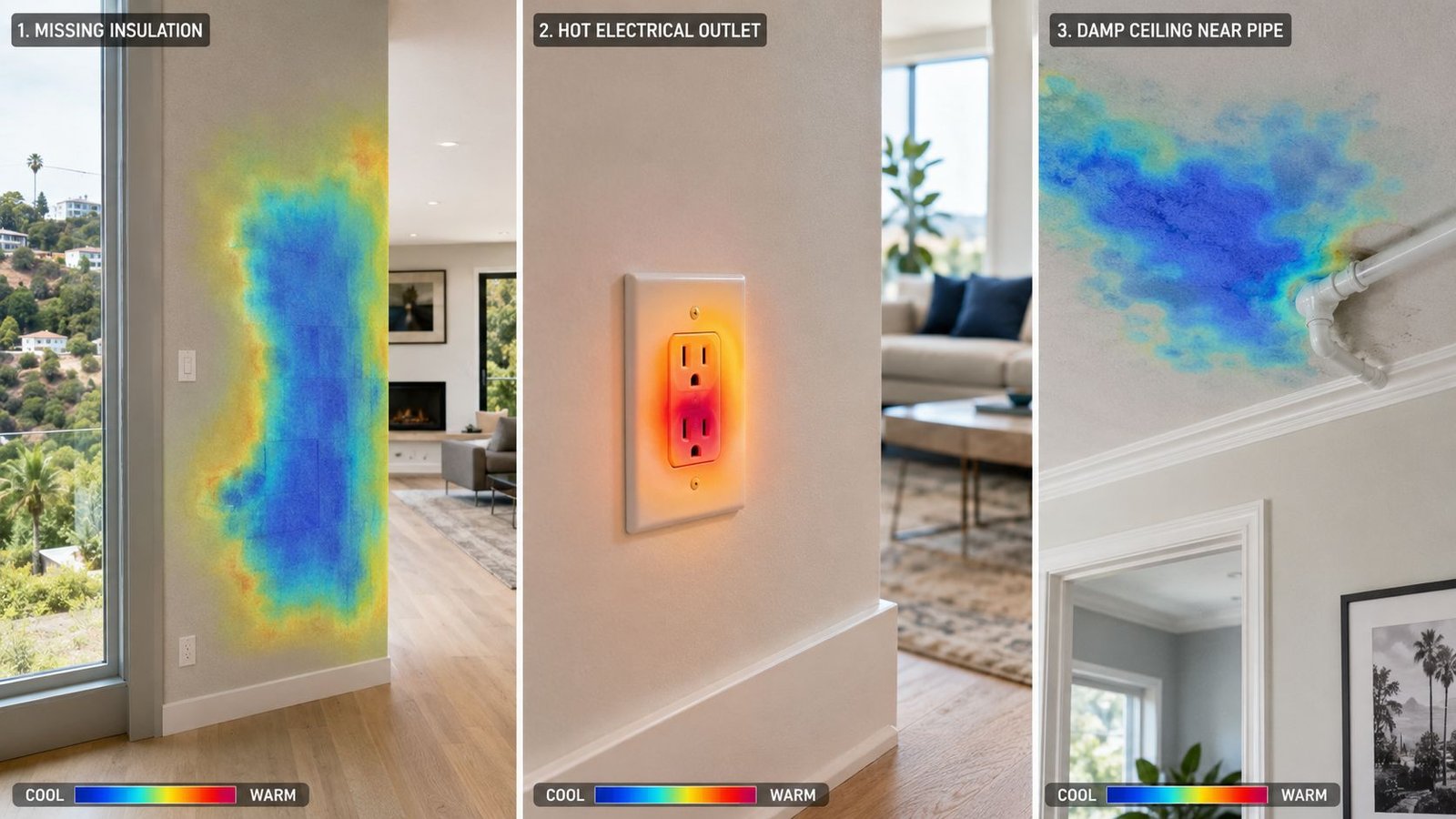 A composite image illustrating thermal imaging inspections showing missing insulation, a hot electrical outlet, and damp ceilings.