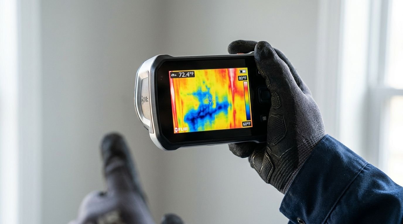 A gloved hand holds a FLIR thermal imaging camera to inspect a wall for heat patterns.