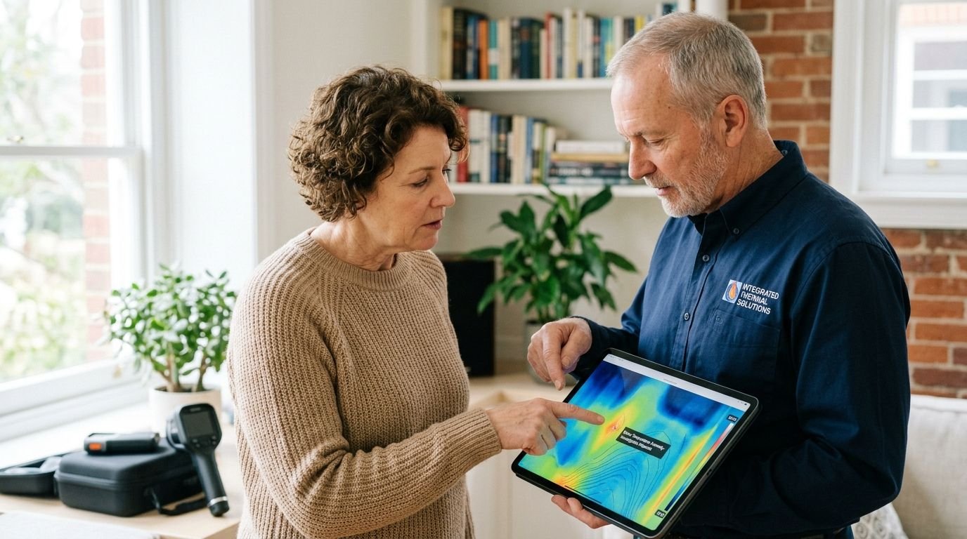 A thermal imaging professional explaining infrared heat map results on a tablet to a female homeowner.