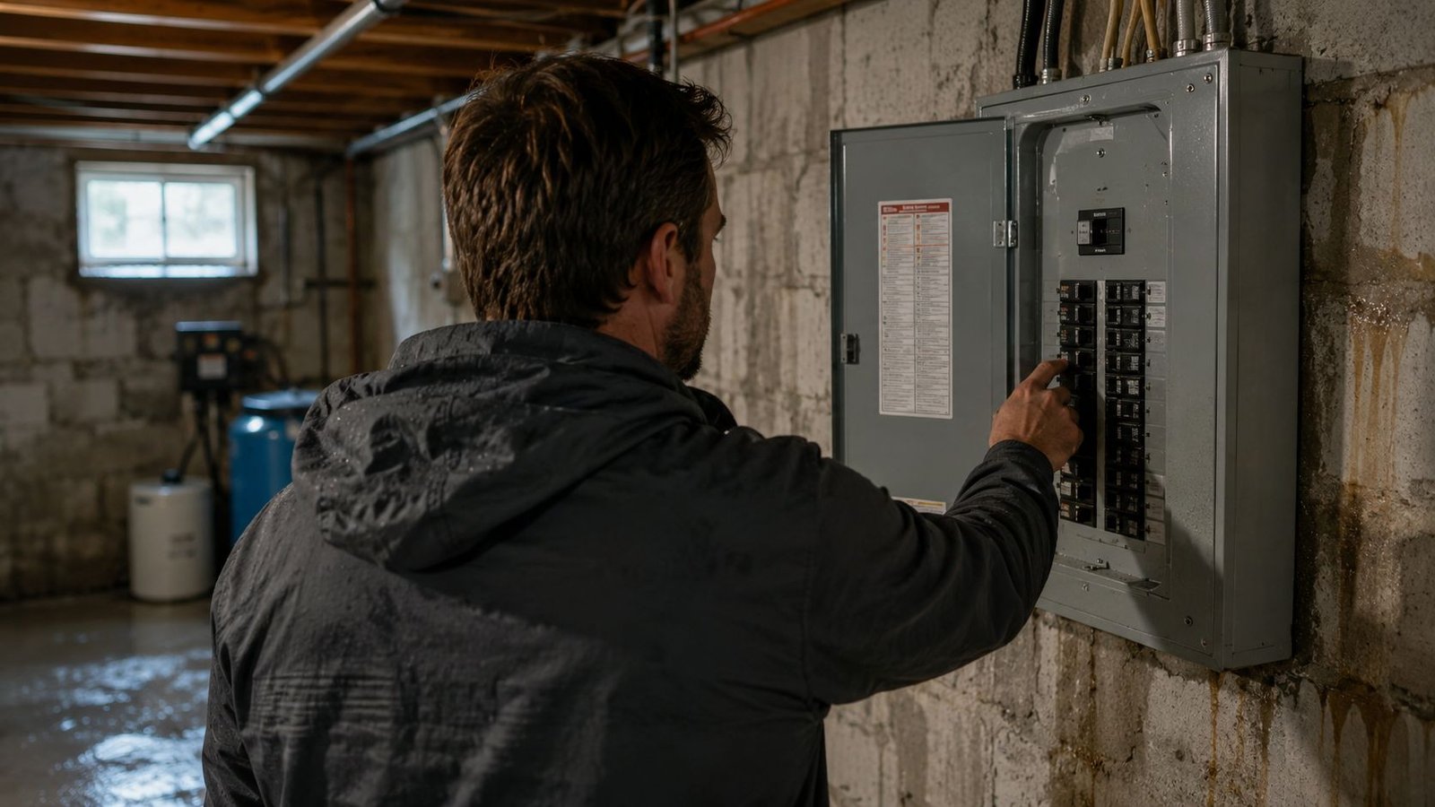 A man wearing a jacket checks a circuit breaker box in a damp, flooded basement.