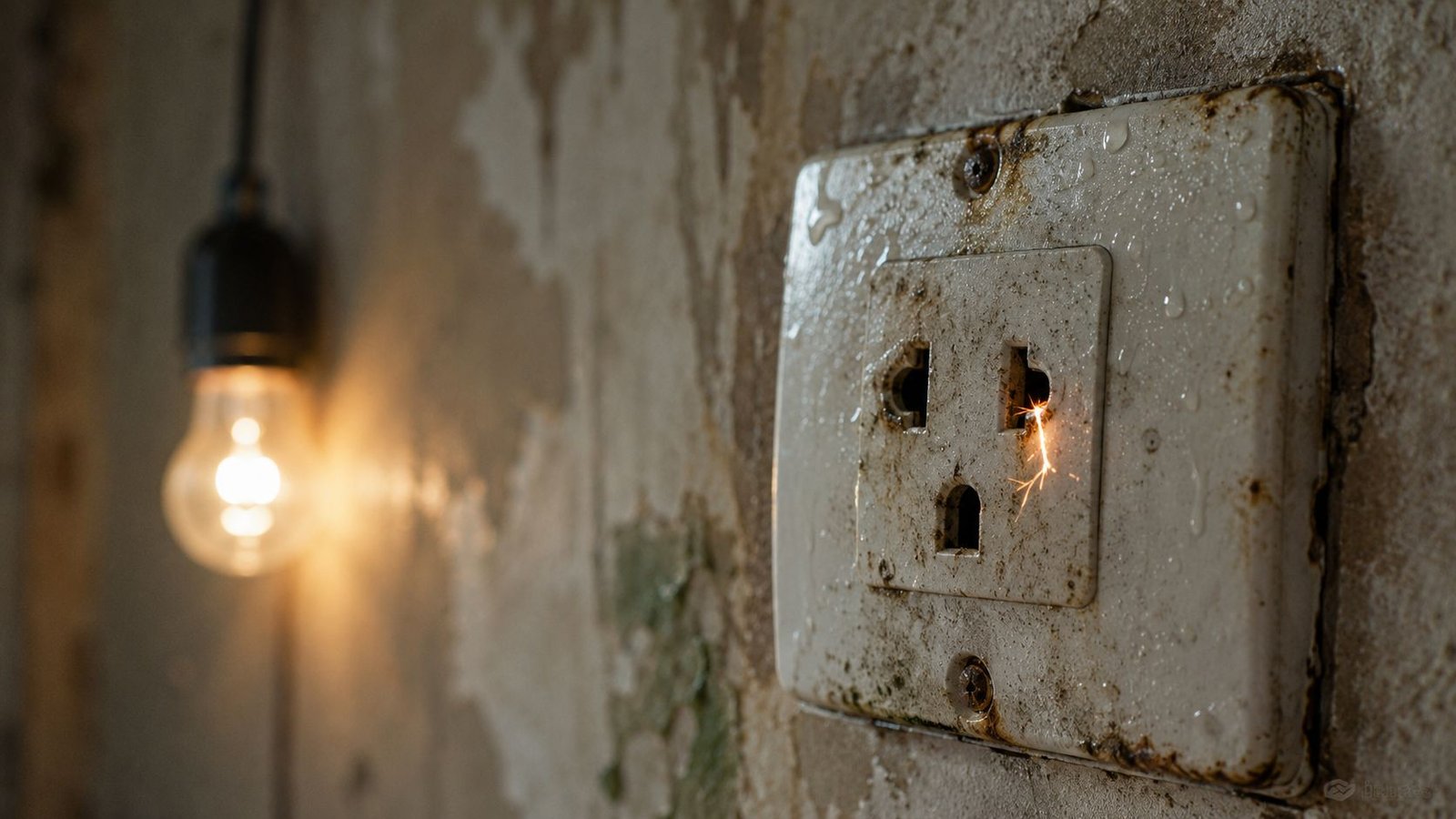 A dangerous wall outlet emitting sparks while showing signs of significant water damage and corrosion.
