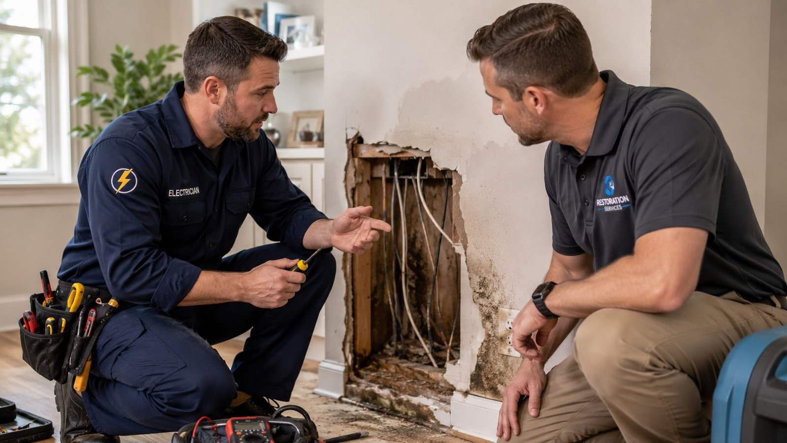 An electrician and a restoration professional inspect electrical wiring inside a wall damaged by water.