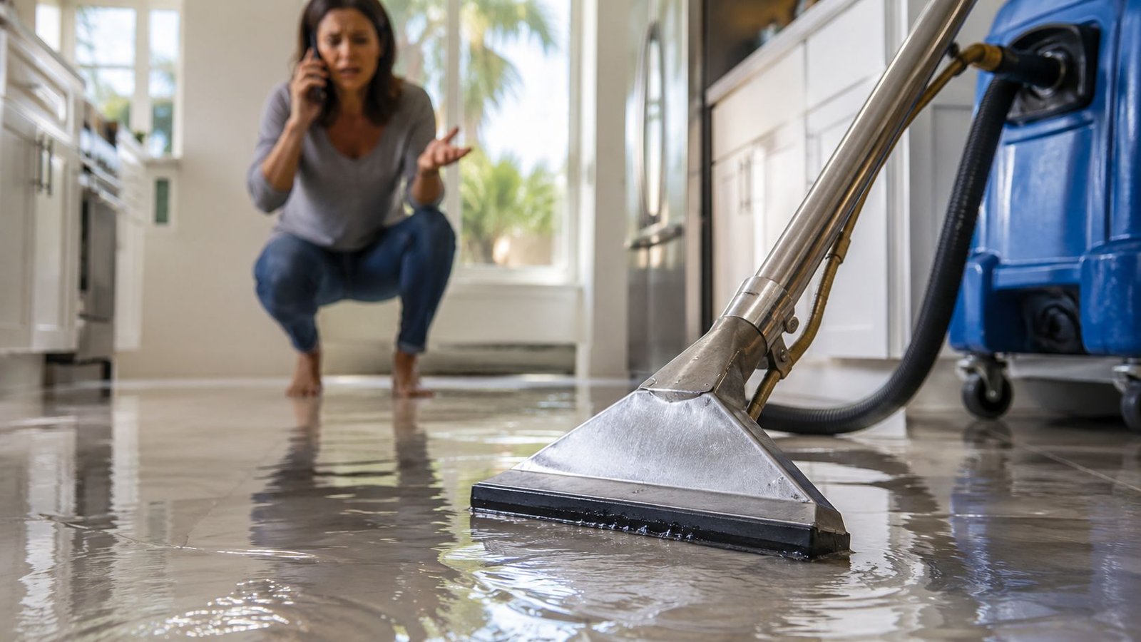 A concerned woman on the phone while using a wet vacuum to clean up flooded kitchen floors.
