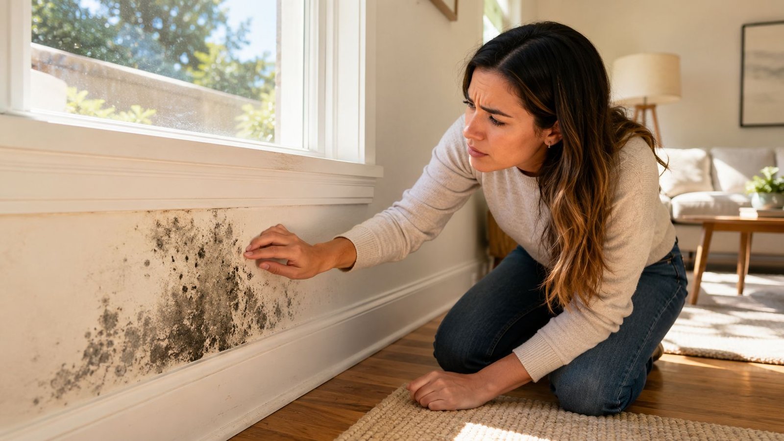 A concerned woman inspects a large area of black mold growing on the wall near a window.