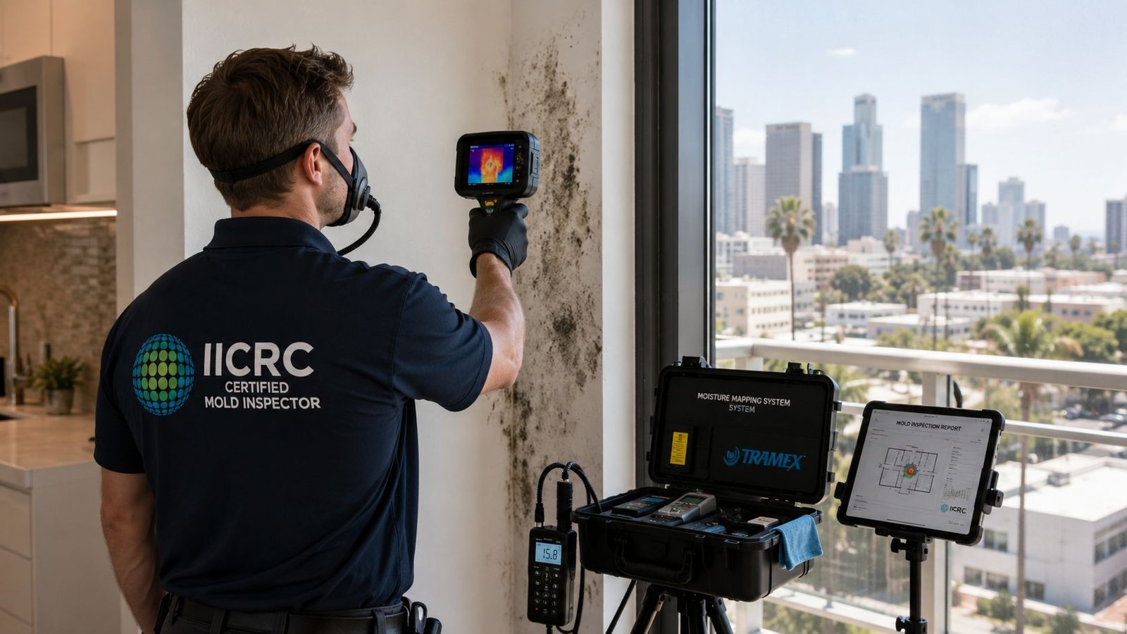 An IICRC certified mold inspector uses thermal imaging to assess moisture and mold damage in a room.