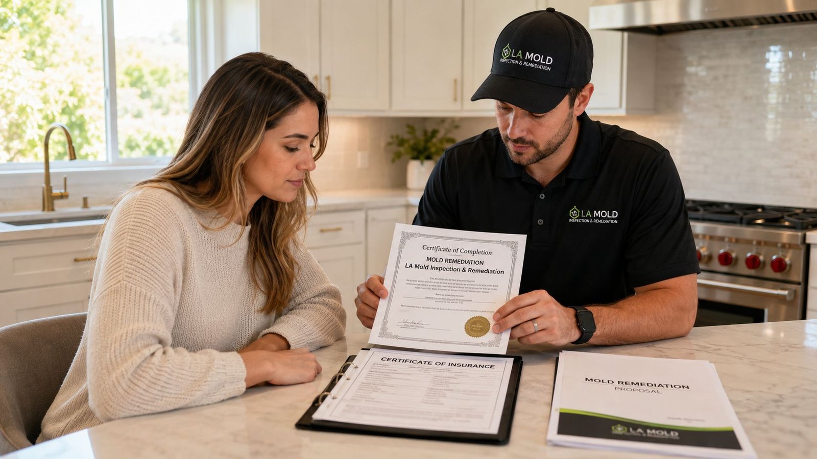 An LA Mold Inspection and Remediation specialist shows a customer a certificate of completion in a kitchen.