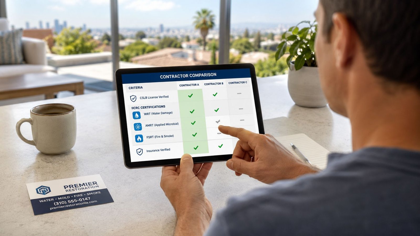 Restoration Services Los Angeles: A Homeowner's Guide 3 A person using a tablet to compare restoration services from different contractors with a business card visible.