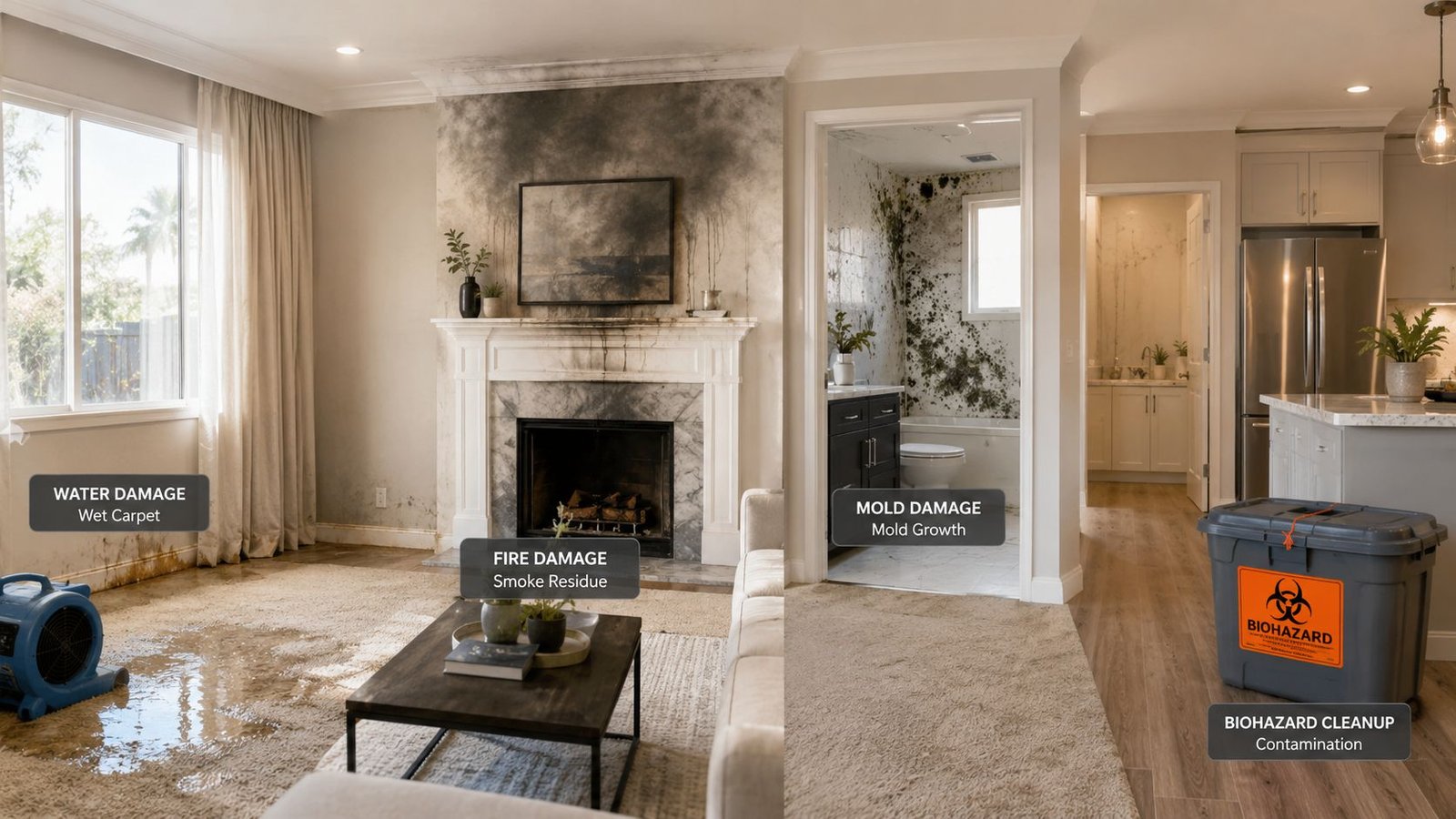 Restoration Services Los Angeles: A Homeowner's Guide 1 A room showing various residential damage types including water, fire smoke, mold growth, and biohazard contamination.