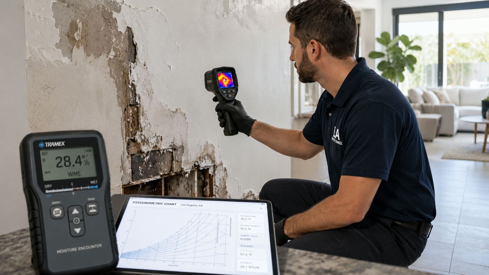 Restoration Services Los Angeles: A Homeowner's Guide 2 A professional technician uses thermal imaging and moisture meters to assess water damage on a wall.