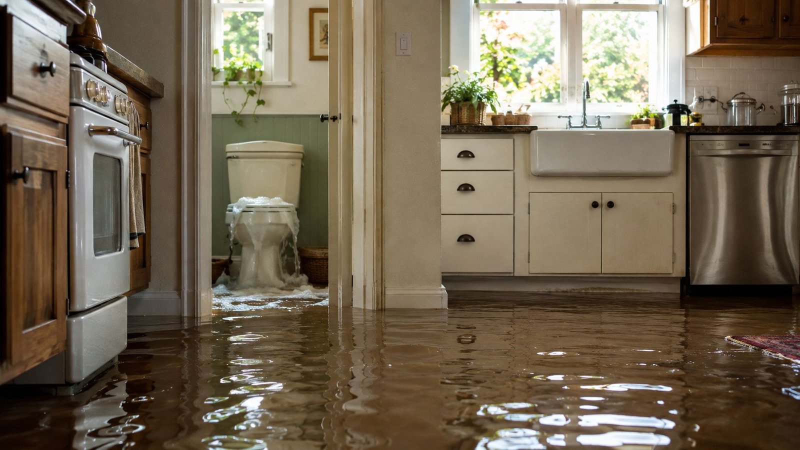 Sewage Cleanup Los Angeles: A Homeowner's Emergency Guide 1 A kitchen and bathroom floor flooded with murky water due to a major toilet overflow emergency.