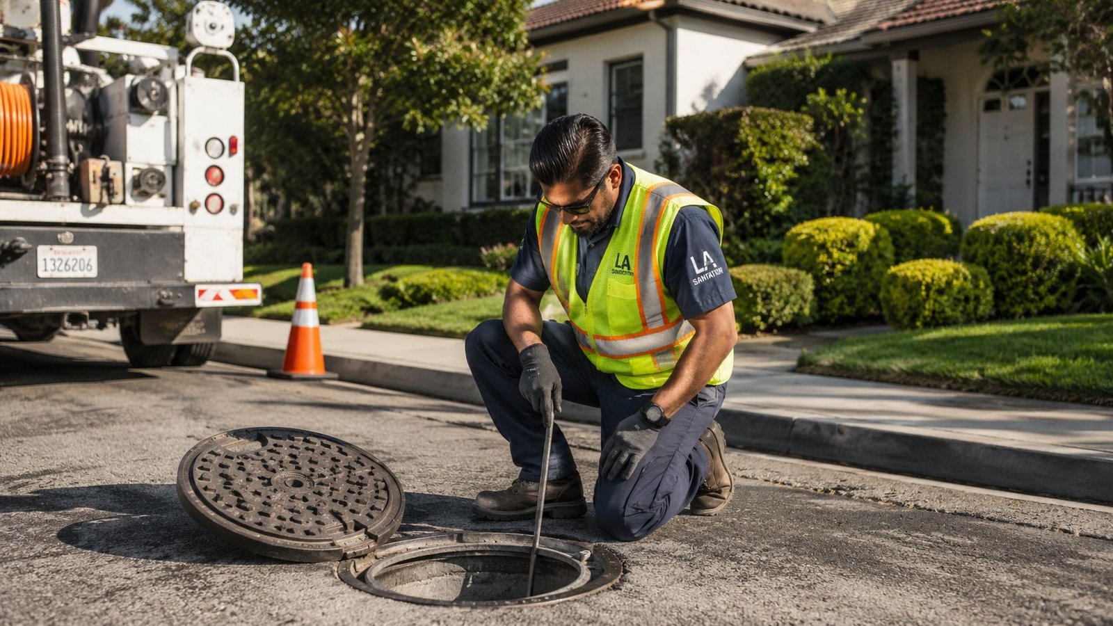 Sewage Cleanup Los Angeles: A Homeowner's Emergency Guide 2 An LA Sanitation worker wearing a safety vest inspects a sewer manhole cover on a suburban street.