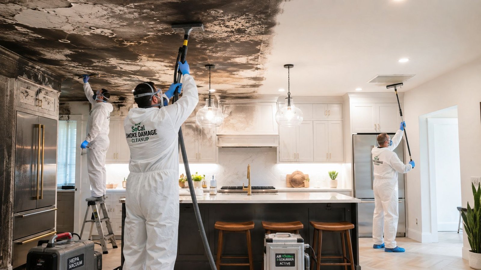 Smoke Damage Cleanup Los Angeles: A Complete Guide 1 A team of cleaning professionals in white hazmat suits remediating fire and smoke damage in a modern kitchen.